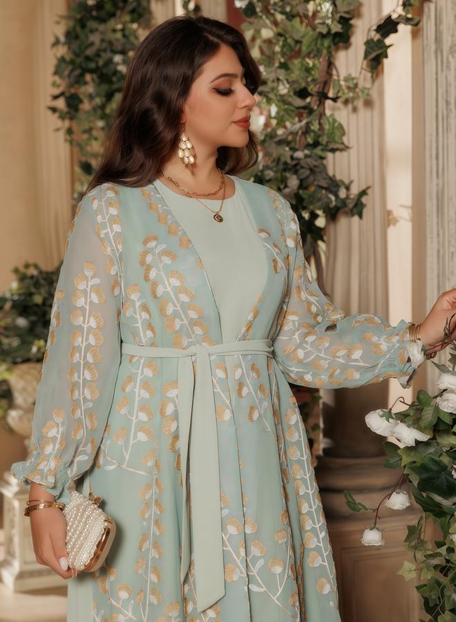 Take Two Green Printed Abaya with Inner Maxi Dress - Image 4