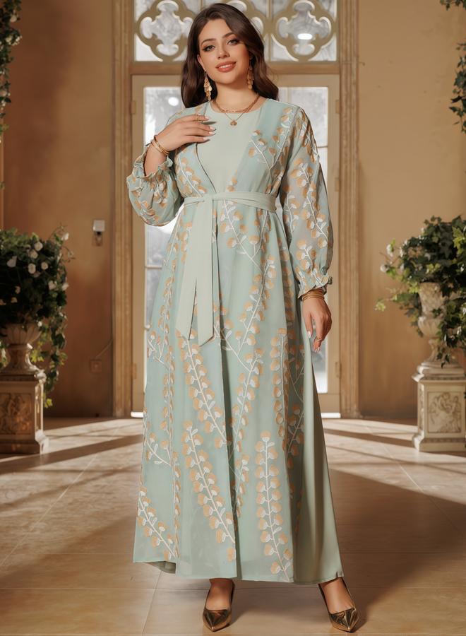 Take Two Green Printed Abaya with Inner Maxi Dress - Image 1