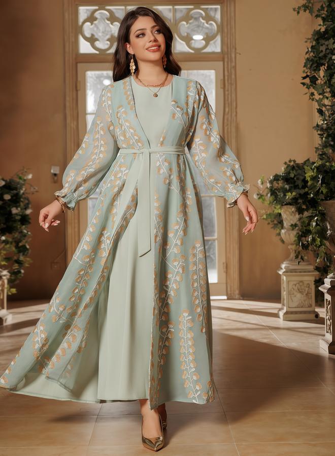 Take Two Green Printed Abaya with Inner Maxi Dress - Image 3