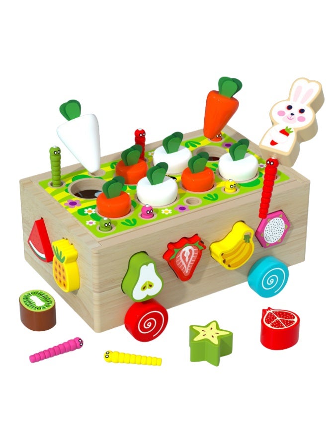 McDou Montessori Wooden Carrot Harvest & Shape Sorting Toy - Educational Fine Motor Skill Game for 1 - 5 Year Old Toddlers, STEM Preschool Learning Gift with Fruit Blocks, Caterpillars & Rabbit - Image 1