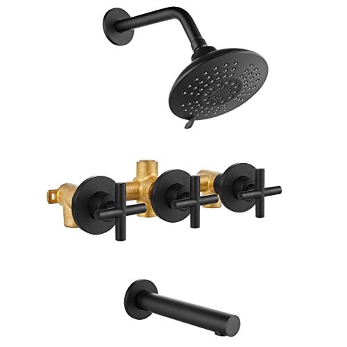 Cinwiny 3 Handles Tub Shower faucet set with Tub Spout Wall Mount 5-setting 6 Inch Round Shower Head Bathtub Filler Bathroom Tub and Shower Trim Kit with Brass Mixer Valve,Matte Black - Image 1