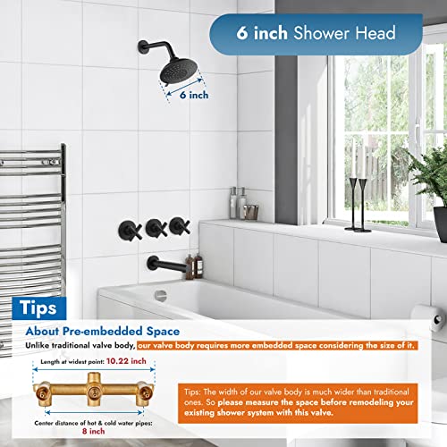 Cinwiny 3 Handles Tub Shower faucet set with Tub Spout Wall Mount 5-setting 6 Inch Round Shower Head Bathtub Filler Bathroom Tub and Shower Trim Kit with Brass Mixer Valve,Matte Black - Image 3