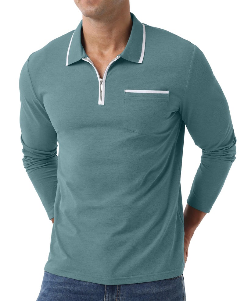 Askdeer Men's Polo Shirts Zip Long Sleeve Classic T-Shirts Casual Golf Shirts Stylish Collared Tee Gray Teal - Image 2