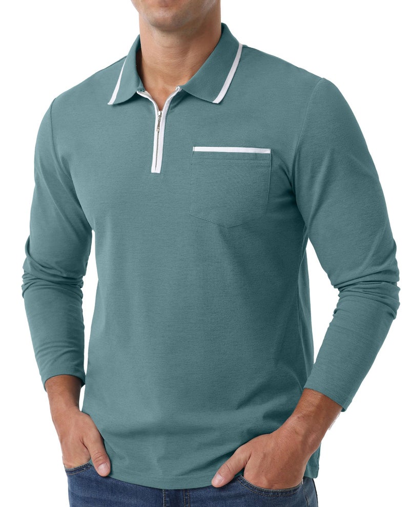 Askdeer Men's Polo Shirts Zip Long Sleeve Classic T-Shirts Casual Golf Shirts Stylish Collared Tee Gray Teal - Image 3