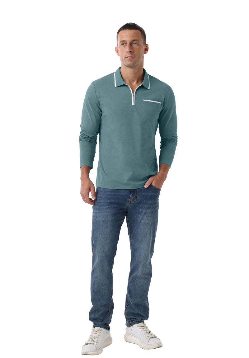 Askdeer Men's Polo Shirts Zip Long Sleeve Classic T-Shirts Casual Golf Shirts Stylish Collared Tee Gray Teal - Image 4