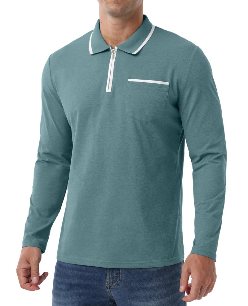 Askdeer Men's Polo Shirts Zip Long Sleeve Classic T-Shirts Casual Golf Shirts Stylish Collared Tee Gray Teal - Image 5