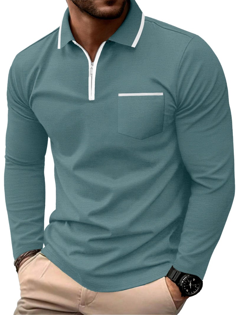 Askdeer Men's Polo Shirts Zip Long Sleeve Classic T-Shirts Casual Golf Shirts Stylish Collared Tee Gray Teal - Image 1