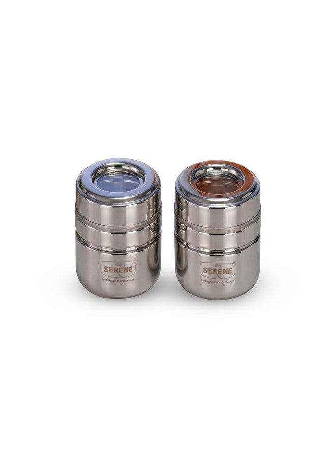 Serene Stainless Steel Small Canisters/Deep Dabbas/Storage Containers For Kitchen With See Through Lids/ Organiser For Modular Kitchen|Bpa-Free Spice Dispenser [9112,200 Ml Each,Set Of 2],Silver - Image 1