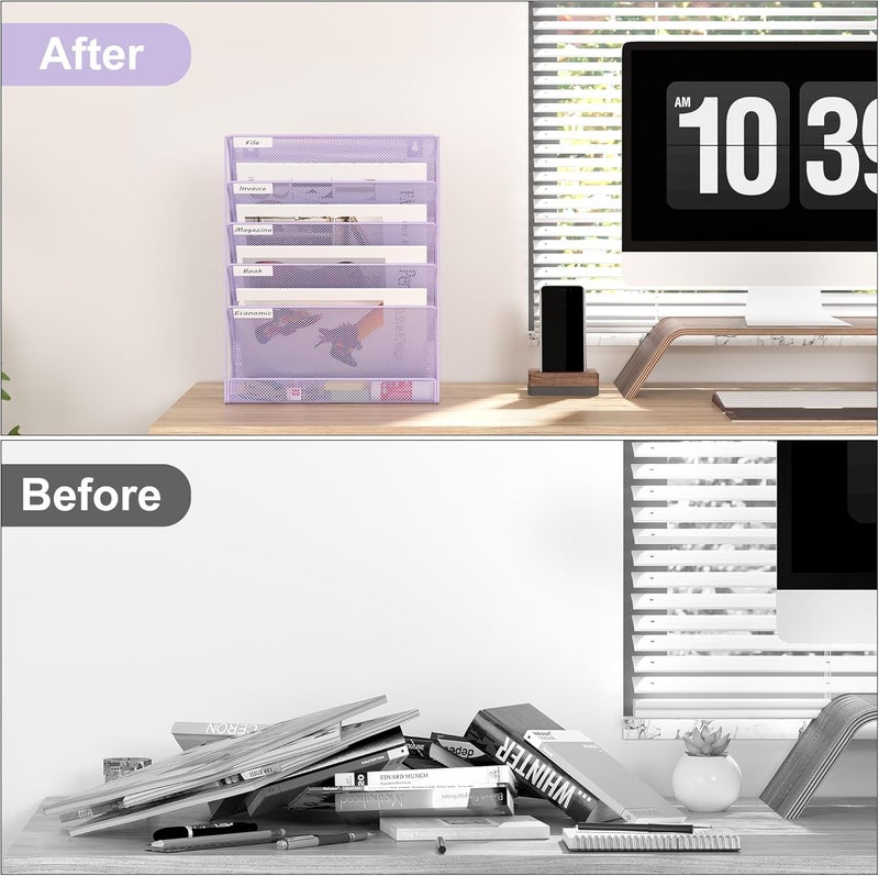 EasyPag 5 Tier Wall File Holder Mesh Hanging Folder Organizer with Classify Label, Versatile Desk File Holder, Vertical Wall Mounted Mail Organizer for Office Home Cubicle, Purple - Image 4