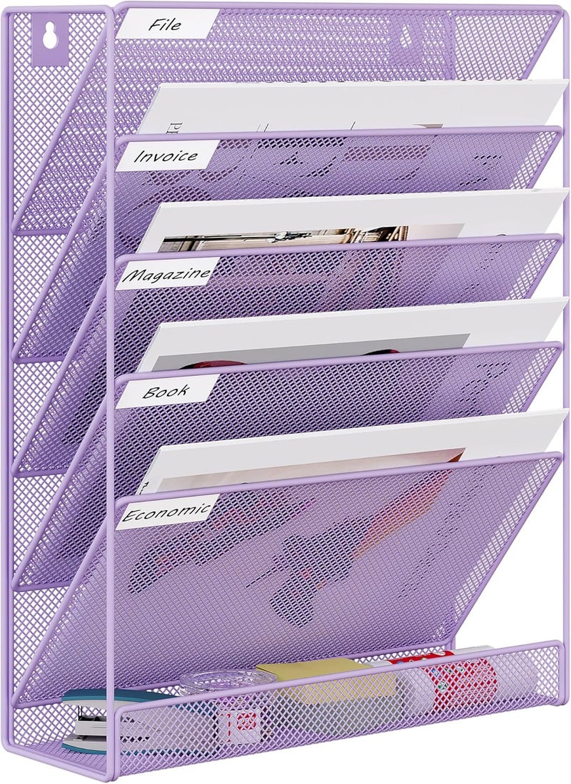 EasyPag 5 Tier Wall File Holder Mesh Hanging Folder Organizer with Classify Label, Versatile Desk File Holder, Vertical Wall Mounted Mail Organizer for Office Home Cubicle, Purple - Image 1