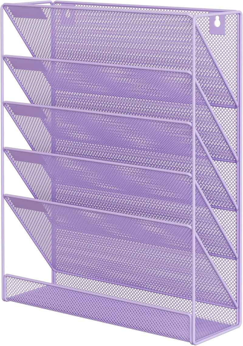 EasyPag 5 Tier Wall File Holder Mesh Hanging Folder Organizer with Classify Label, Versatile Desk File Holder, Vertical Wall Mounted Mail Organizer for Office Home Cubicle, Purple - Image 2