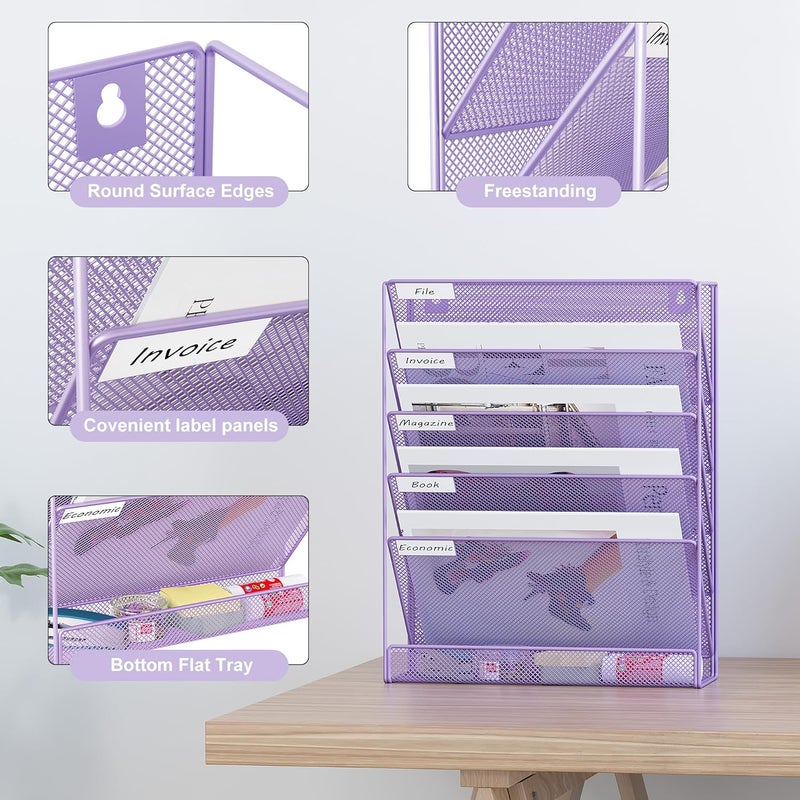 EasyPag 5 Tier Wall File Holder Mesh Hanging Folder Organizer with Classify Label, Versatile Desk File Holder, Vertical Wall Mounted Mail Organizer for Office Home Cubicle, Purple - Image 3