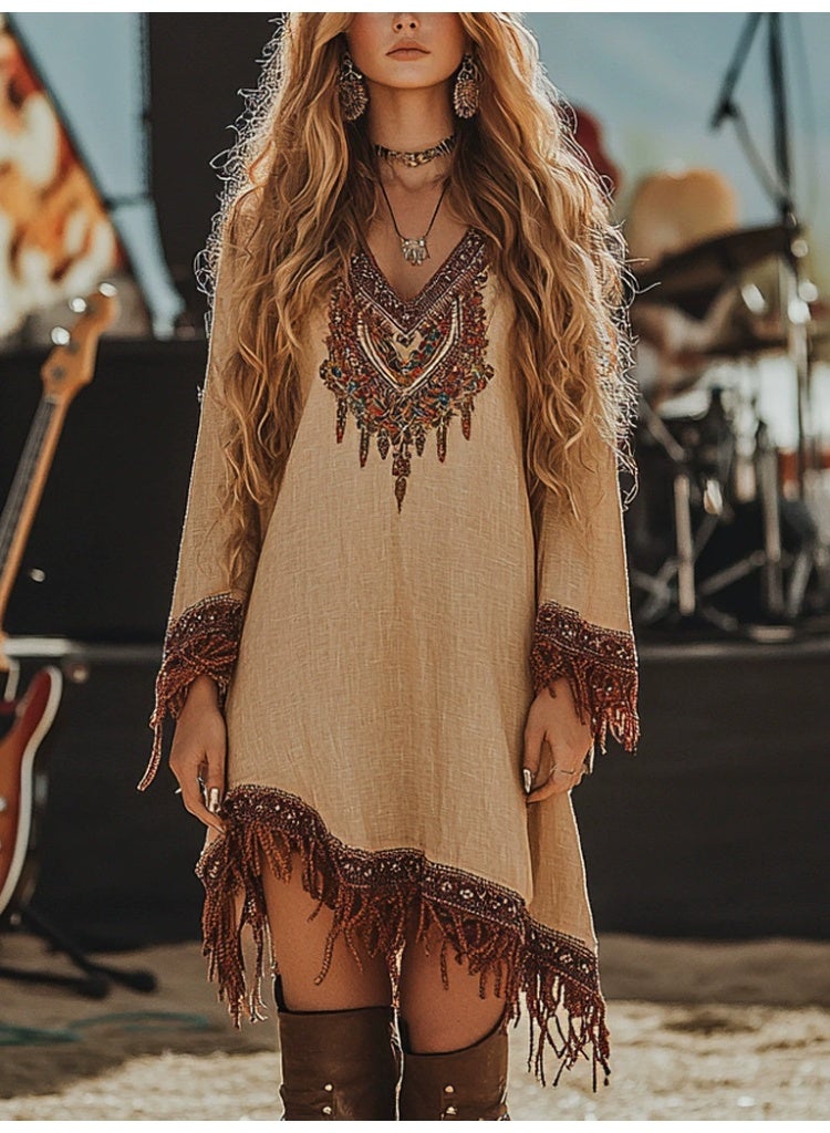 general 2025-2026 Women's Dress with Lace Edging and Loose Printed Pattern - Image 1