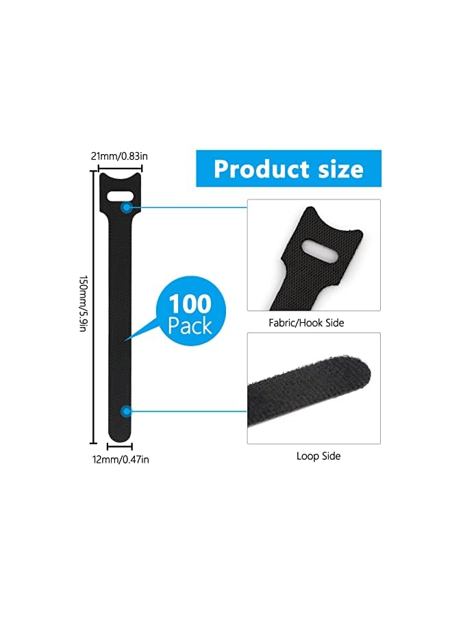 FYY Cable Ties Reusable Cord Organizer, 100PCS 6-inch Fastening Cord Ties Cable Straps, Adjustable Cable Management Straps Hook Loop Cord Organizer Wire Ties for Home, Office (0.48x6in, Black) - Image 2