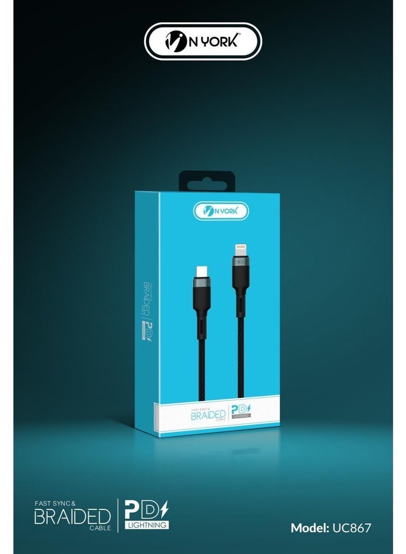 نيورك كابل N YORK UC867 لايتنينغ PD مضفّر – مزامنة سريعة، تصميم متين، USB‑C إلى لايتنينغ - Image 2