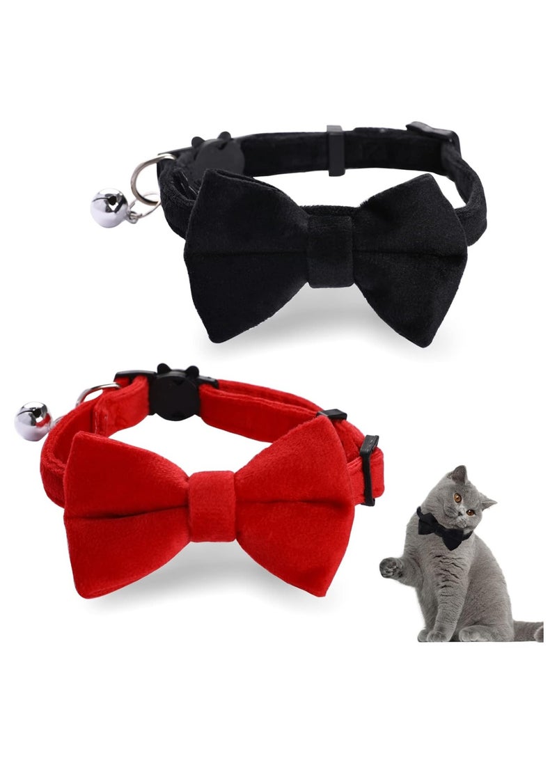 Generic 2 Pcs Velvet Cat Collar with Bell and Bowtie, Adjustable Breakaway Cat Collars Kitten Small Puppy Safety Bow Tie Solid Wedding Basic Color Cat Bow Tie Collar  - Image 1