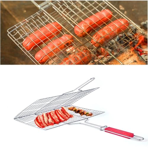 Freshome Extra Large 70 x 43 x 2.5 cm Mild Steel Portable Barbecue BBQ Grill Net Basket Roast Grilling Tray Plated with Wooden Handle for Barbecue, Roasting, Camping, Outdoor Cooking, Fish, Meat, Vegetables - Image 4