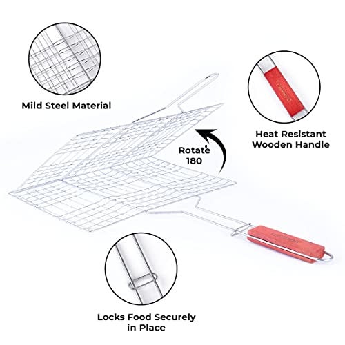 Freshome Extra Large 70 x 43 x 2.5 cm Mild Steel Portable Barbecue BBQ Grill Net Basket Roast Grilling Tray Plated with Wooden Handle for Barbecue, Roasting, Camping, Outdoor Cooking, Fish, Meat, Vegetables - Image 3