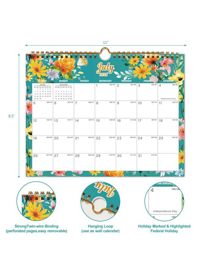 Vibrant Focus Calendar 2026-18 Monthly Wall Calendar, January 2026 - June 2027, 8.5" x 11", Calendar 2026-2027 with Twin-Wire Binding, Hanging Hook, Blocks and Julian Dates (Flowers Wall Calendar) - Image 3