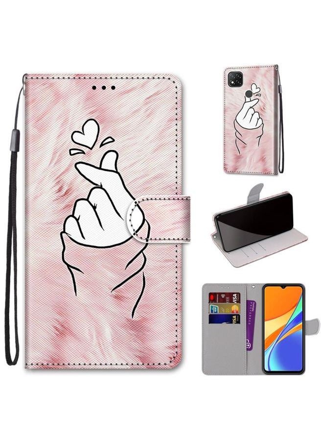 HuHa Case Cover For Xiaomi Redmi 9C Coloured Drawing Cross Texture Horizontal Flip PU Leather Case with Holder & Card Slots & Wallet & Lanyard Pink Hands Heart 