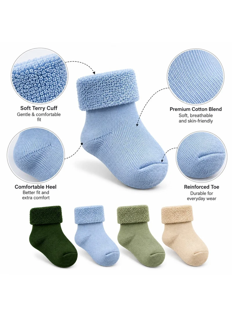 Al Ibrah Newborn Baby Socks 4 Pack - Soft Cotton Towelling Cuff, Warm for Baby Boys