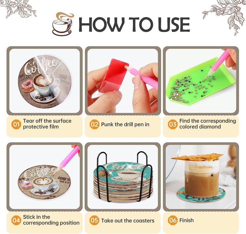 سيتسينك طقم لوحات الماس القهوة - 8 قطع لوحات فن الماس DIY الفينتاج طقم حرفي بموضوع فن فنجان القهوة للكبار هدايا حرفية ديكورات منزلية - Image 3