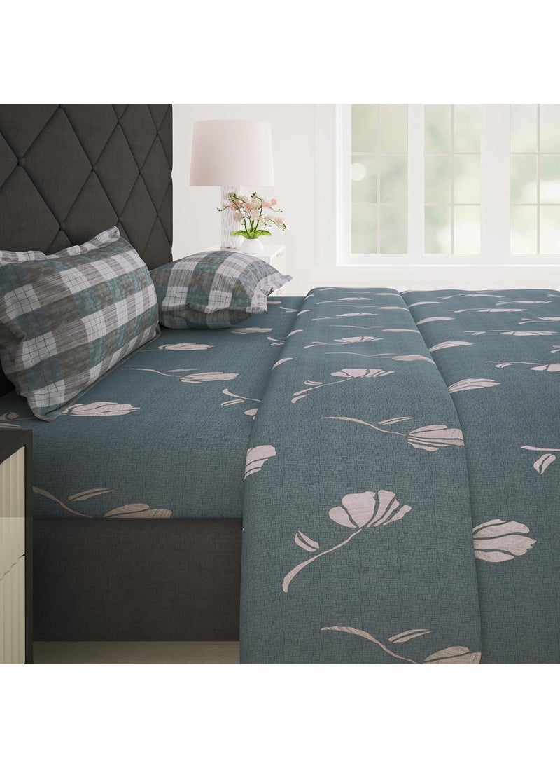 Story@Home Story@Home | Bedsheet | Fitted Bedsheet for Double Bed,186 TC, Grey, Floral, 100% Cotton Elastic Fitted Bedsheets King Size (198 x 182cm) & 2 Pillow Covers (46 x 69cm). Perfect for Festive Gifting!  - Image 1