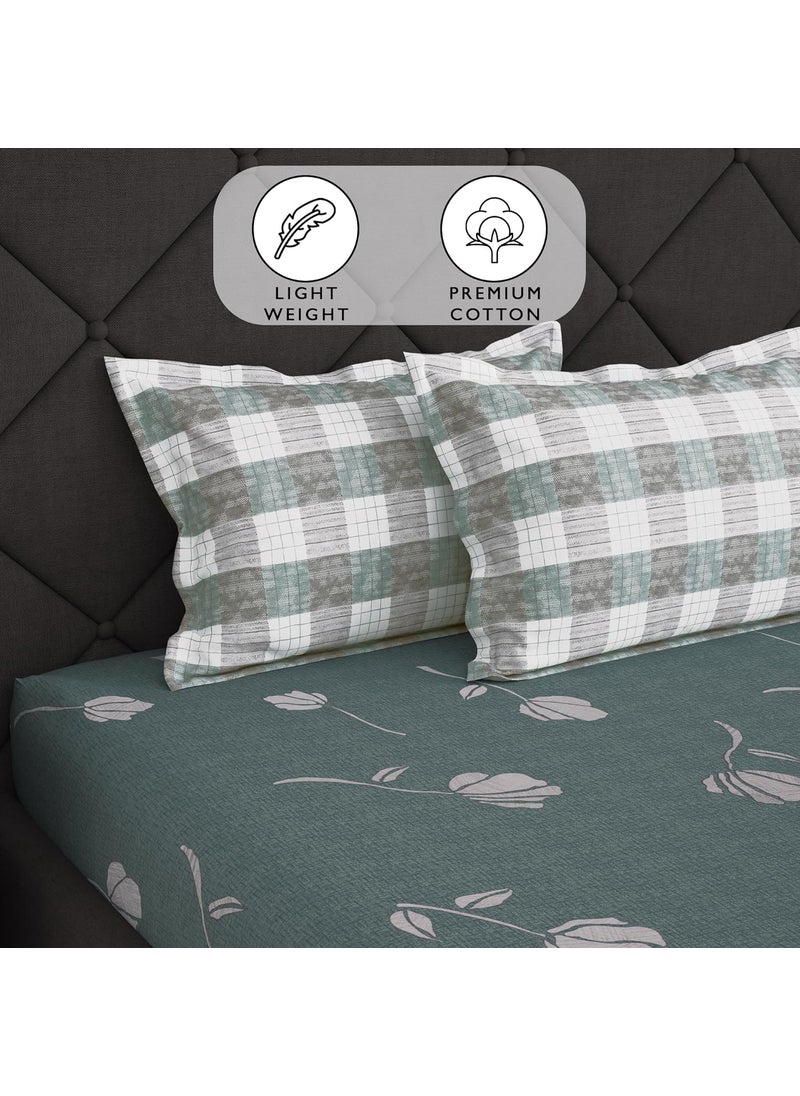 Story@Home Story@Home | Bedsheet | Fitted Bedsheet for Double Bed,186 TC, Grey, Floral, 100% Cotton Elastic Fitted Bedsheets King Size (198 x 182cm) & 2 Pillow Covers (46 x 69cm). Perfect for Festive Gifting!  - Image 3