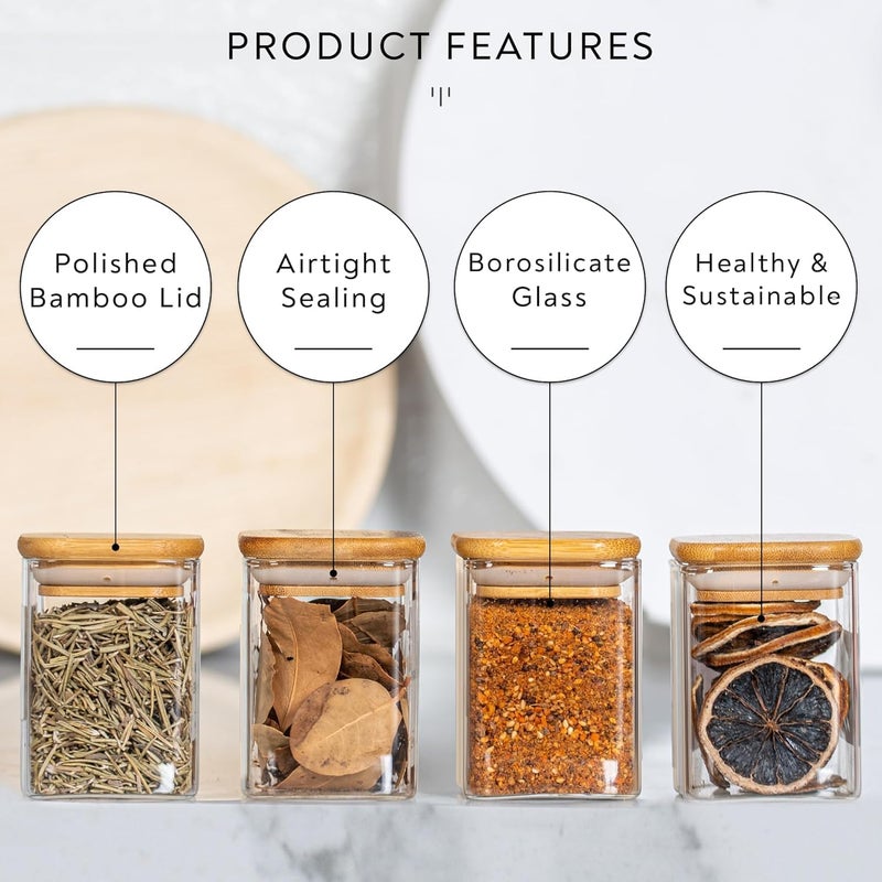 VILON 230ml Glass Jars with Bamboo Lids | Square Airtight Spice & Storage Containers for Kitchen, Pantry & Herbs | Set of 12 - Image 3