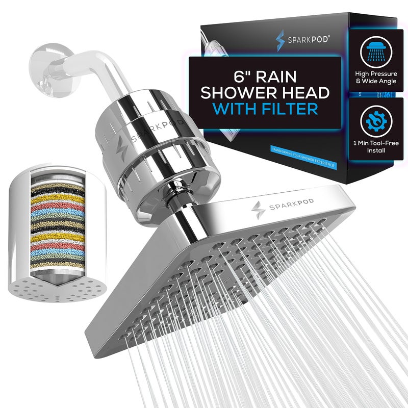 SparkPod Luxury Filtered Shower Head Set 23 Stage Shower Filter Reduces Chlorine and Heavy Metals High Pressure Showerhead Filter 6 Square Luxury Polished Chrome - Image 2