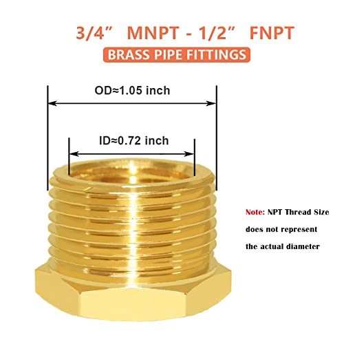 Hooshing 6PCS Brass Pipe Fitting Reducer Hex Bushing 3/4" NPT Male x 1/2" NPT Female Thread Reducer Hose Tube Atapter - Image 2