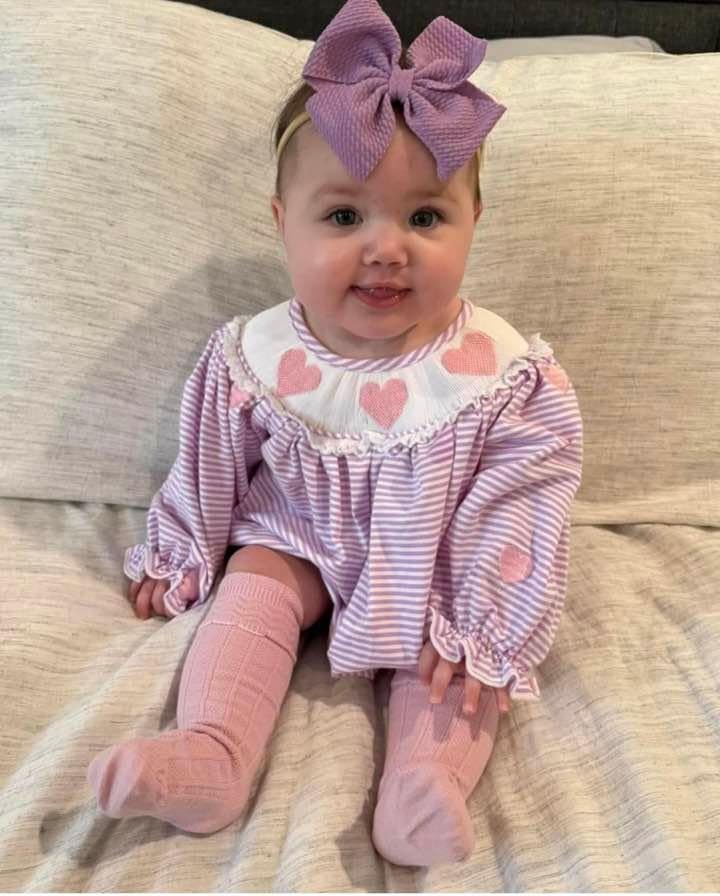 Ayalinggo Baby Bubble Romper For Toddler Girl Heart Embroidery Doll Collar Jumpsuit Plaid Smock Bodysuit Spring Fall Clothes (Purple Pink, 6-12 Months) - Image 3