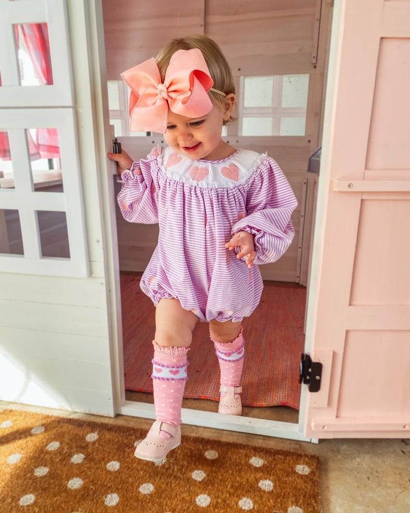 Ayalinggo Baby Bubble Romper For Toddler Girl Heart Embroidery Doll Collar Jumpsuit Plaid Smock Bodysuit Spring Fall Clothes (Purple Pink, 6-12 Months) - Image 2