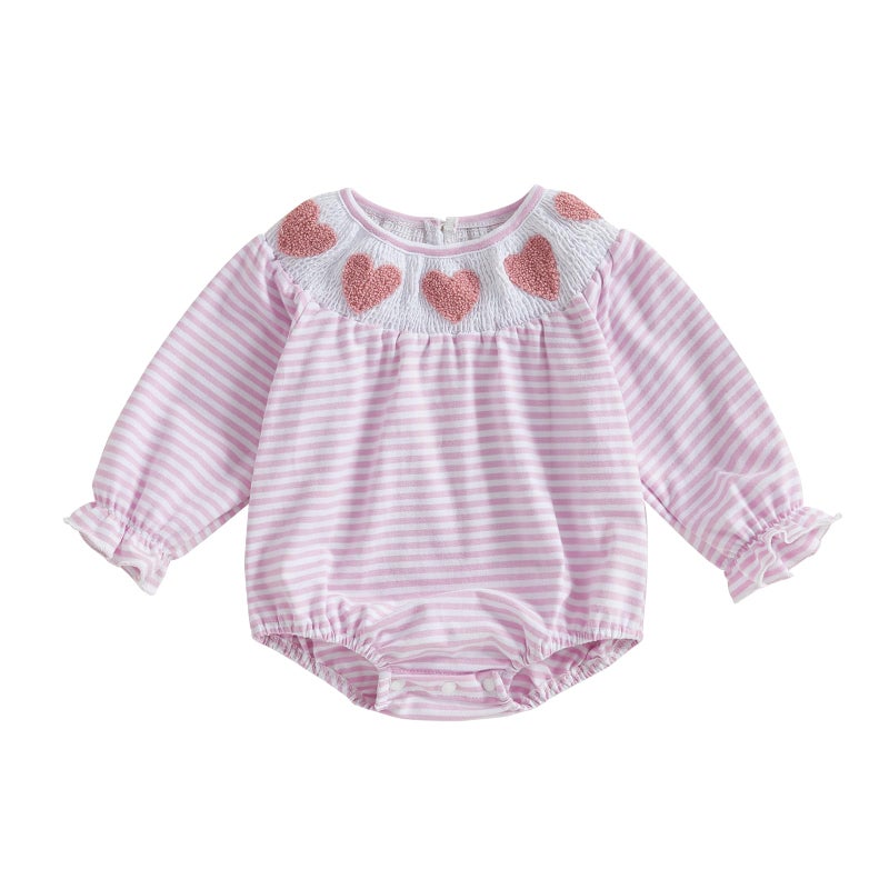 Ayalinggo Baby Bubble Romper For Toddler Girl Heart Embroidery Doll Collar Jumpsuit Plaid Smock Bodysuit Spring Fall Clothes (Purple Pink, 6-12 Months) - Image 1