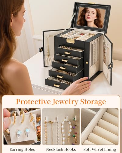 TORIBIO Large Jewelry Box for Women, Leather Jewelry Organizer with Mirror & Lock, 6-Tier Jewelry Storage Case for Girls/Women/Mothers, Necklace Earring Bracelets Holder Organizer - Image 5