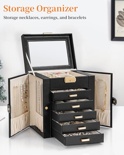 TORIBIO Large Jewelry Box for Women, Leather Jewelry Organizer with Mirror & Lock, 6-Tier Jewelry Storage Case for Girls/Women/Mothers, Necklace Earring Bracelets Holder Organizer - Image 3
