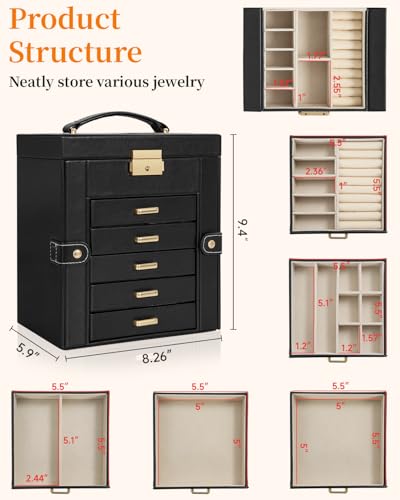 TORIBIO Large Jewelry Box for Women, Leather Jewelry Organizer with Mirror & Lock, 6-Tier Jewelry Storage Case for Girls/Women/Mothers, Necklace Earring Bracelets Holder Organizer - Image 2