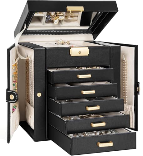 TORIBIO Large Jewelry Box for Women, Leather Jewelry Organizer with Mirror & Lock, 6-Tier Jewelry Storage Case for Girls/Women/Mothers, Necklace Earring Bracelets Holder Organizer - Image 1