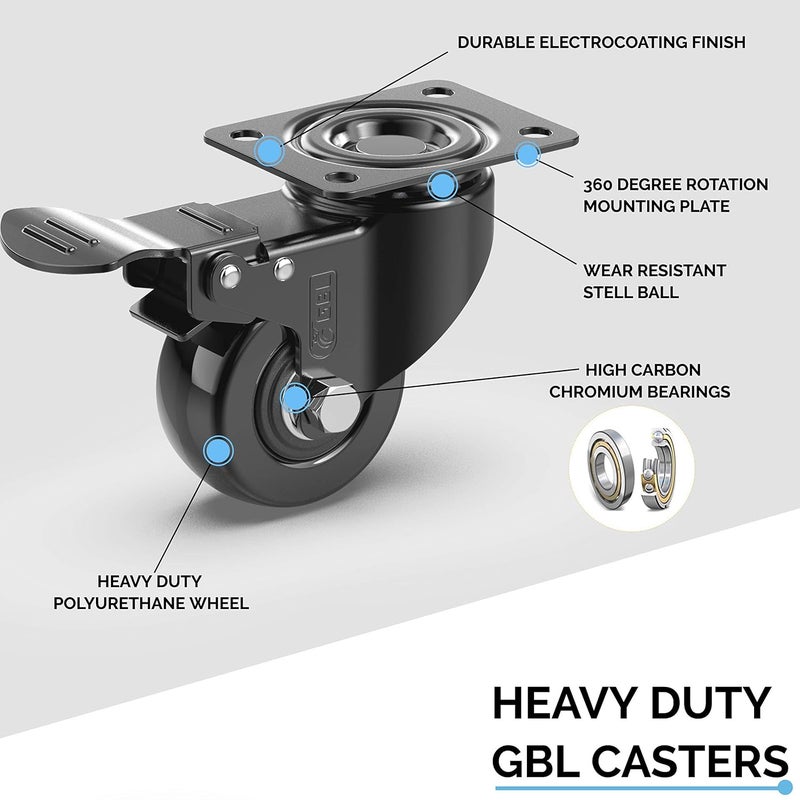 G&BL 2" Heavy Duty Caster Wheels with 2 Brakes + Screws - up to 440Lbs - Set of 4 No Floor Marks Silent Castor for Furniture - Rubbered Trolley Wheels - Black Casters - Image 2
