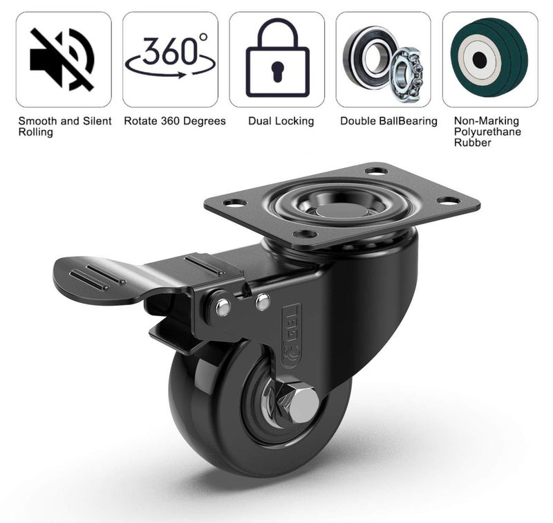 G&BL 2" Heavy Duty Caster Wheels with 2 Brakes + Screws - up to 440Lbs - Set of 4 No Floor Marks Silent Castor for Furniture - Rubbered Trolley Wheels - Black Casters - Image 4
