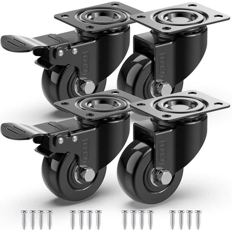 G&BL 2" Heavy Duty Caster Wheels with 2 Brakes + Screws - up to 440Lbs - Set of 4 No Floor Marks Silent Castor for Furniture - Rubbered Trolley Wheels - Black Casters - Image 1