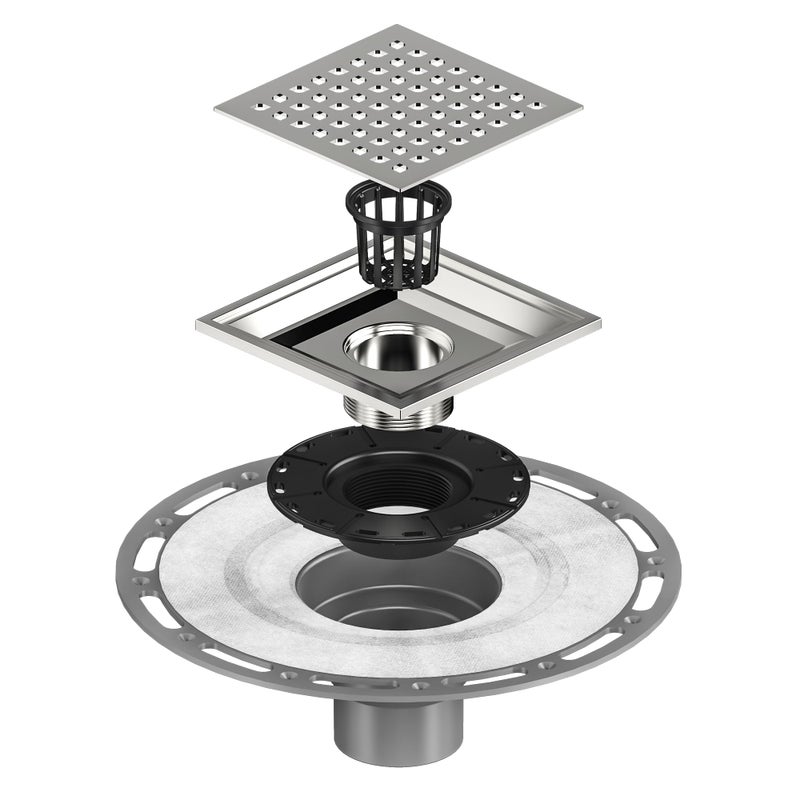 Neodrain 6 in Brushed Square Shower Drain Brushed 304 Stainless Steel Drain Grate Removable Drain Key with Waterproof Fabric, PVC Bonding Flange Base for Low Profile Shower Pan - Image 1