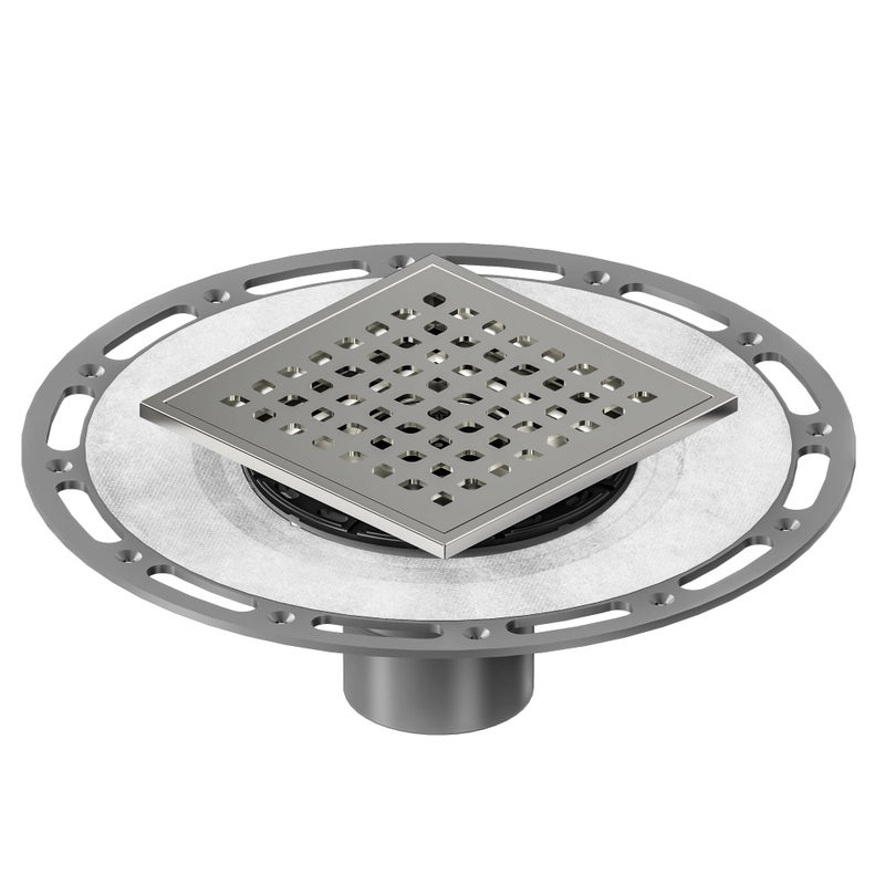 Neodrain 6 in Brushed Square Shower Drain Brushed 304 Stainless Steel Drain Grate Removable Drain Key with Waterproof Fabric, PVC Bonding Flange Base for Low Profile Shower Pan - Image 2