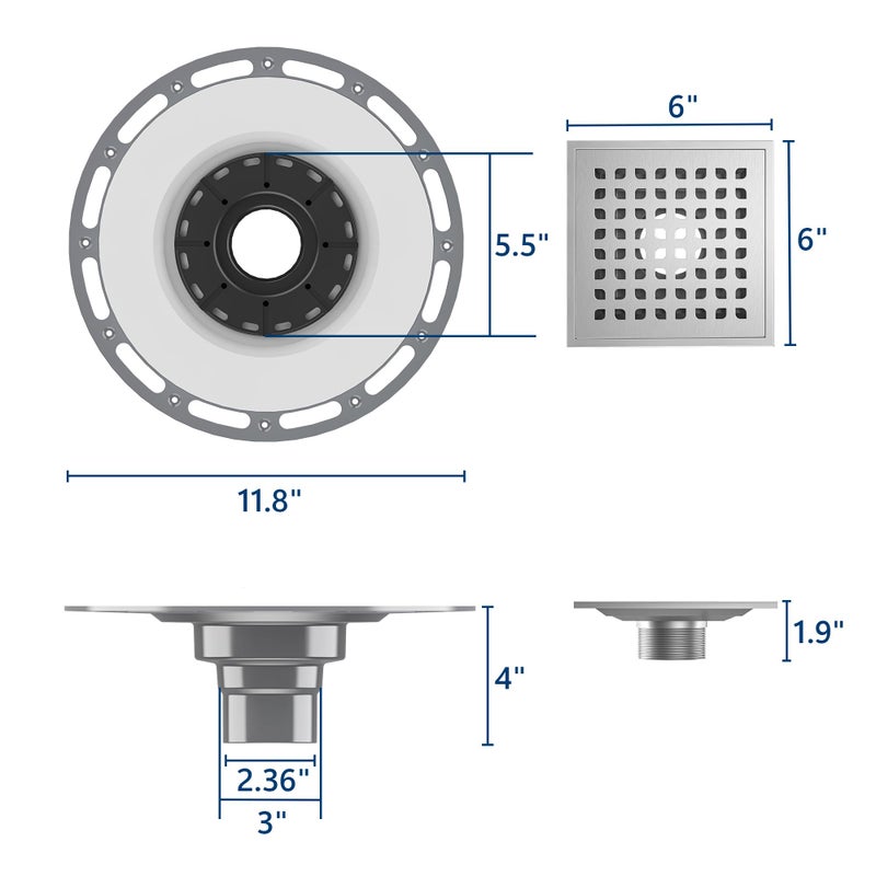 Neodrain 6 in Brushed Square Shower Drain Brushed 304 Stainless Steel Drain Grate Removable Drain Key with Waterproof Fabric, PVC Bonding Flange Base for Low Profile Shower Pan - Image 4