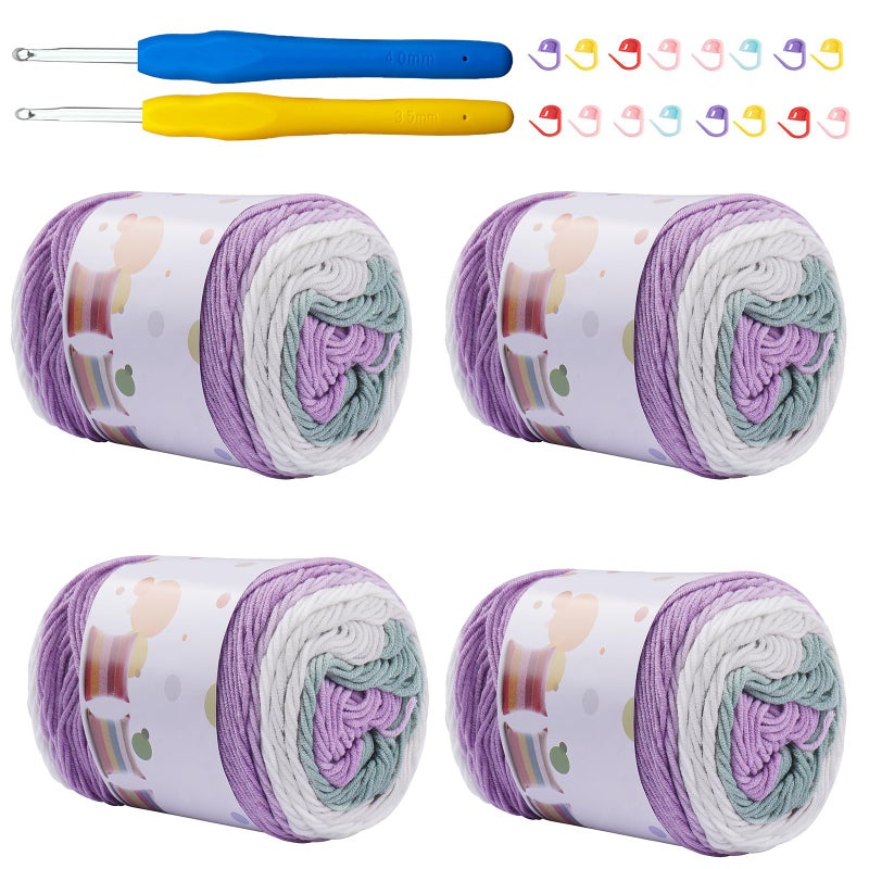 Mdoker Ombre Cake Yarn for Crocheting 4PCS Gradient Yarn Cake-4x100g 45% Cotton 55% Acrylic Rainbow Cotton Yarn for Knitting,Shawls,Blankets,Scarves,Garments(Purple) - Image 1
