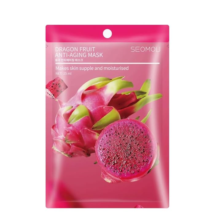 SEOMOU Natural Facial Sheet Mask, Moisturizing Hydrating Fruit Facial Mask For All Skin Types (Dragon Fruit Anti Aging Facial Mask) - Image 1