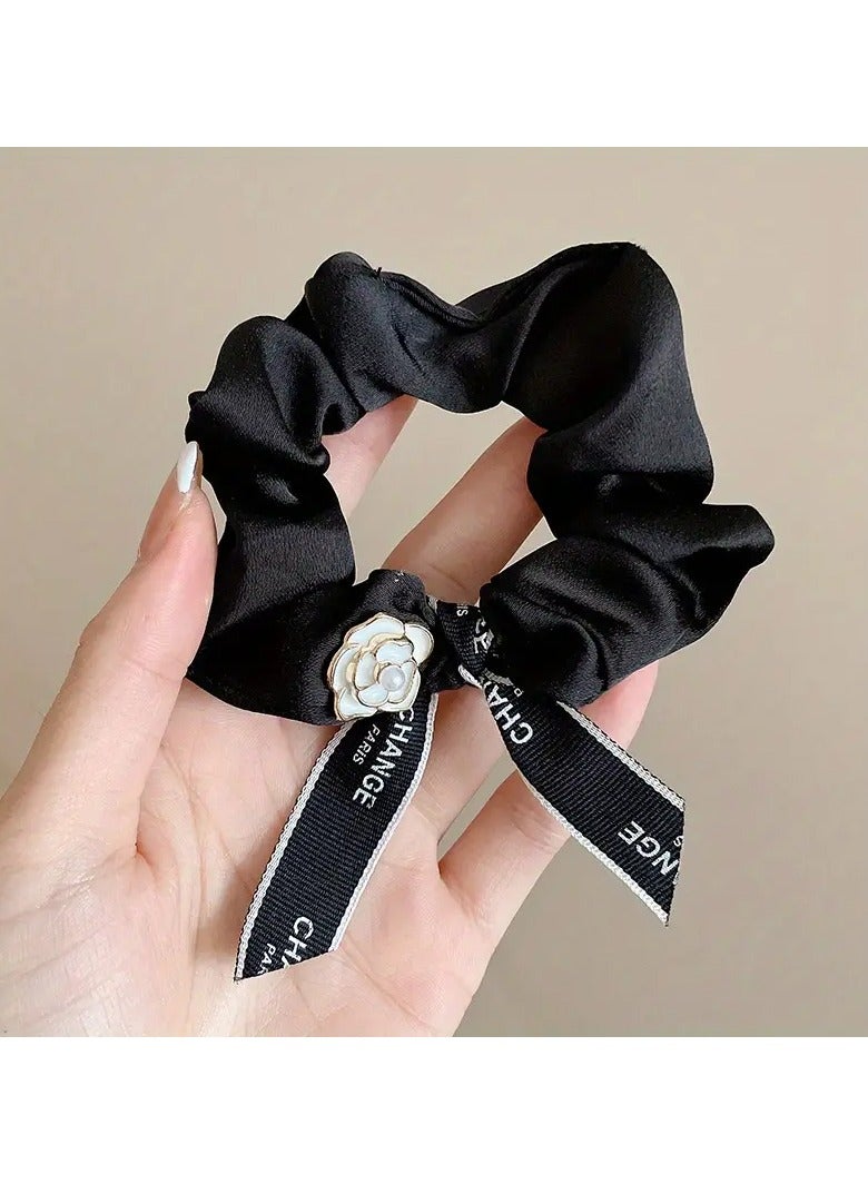 Goolsky Luxurious Camellia Bow Hair Ring - Decorative, Pleated, Elastic, Durable, Large Intestine Hair Circle for Women - Stylish Black Hair Accessory with Soft Rope Design - Image 1