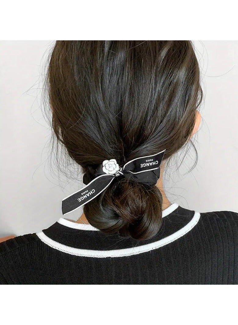 Goolsky Luxurious Camellia Bow Hair Ring - Decorative, Pleated, Elastic, Durable, Large Intestine Hair Circle for Women - Stylish Black Hair Accessory with Soft Rope Design - Image 3