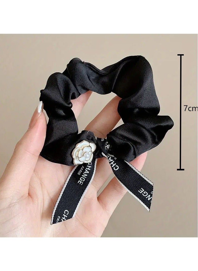 Goolsky Luxurious Camellia Bow Hair Ring - Decorative, Pleated, Elastic, Durable, Large Intestine Hair Circle for Women - Stylish Black Hair Accessory with Soft Rope Design - Image 4