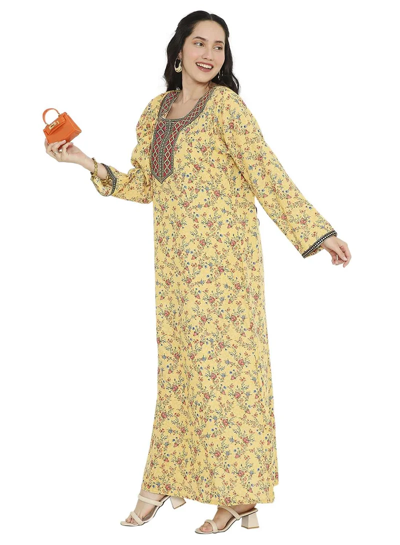 HANA & SARA LONG VISCOSE PRINTED WITH EMBROIDERY ARABIC FARASHA KAFTAN JALABIYA DRESS